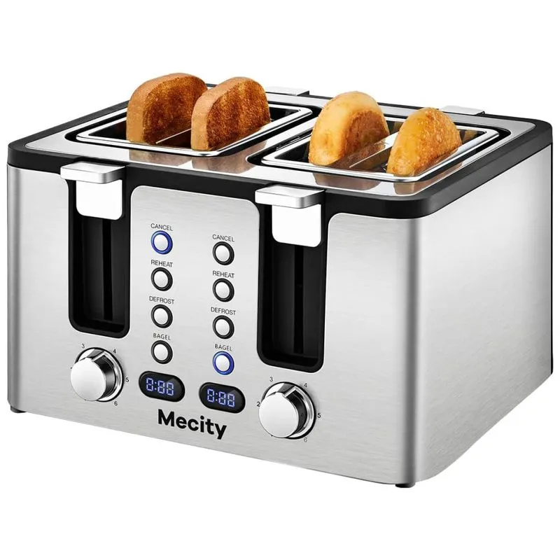 Torradeira Mecity 4 Fatias Em Aço Inoxidável Com Suporte Aquecido - Design Moderno E Prático Com 6 Níveis De Tostagem
