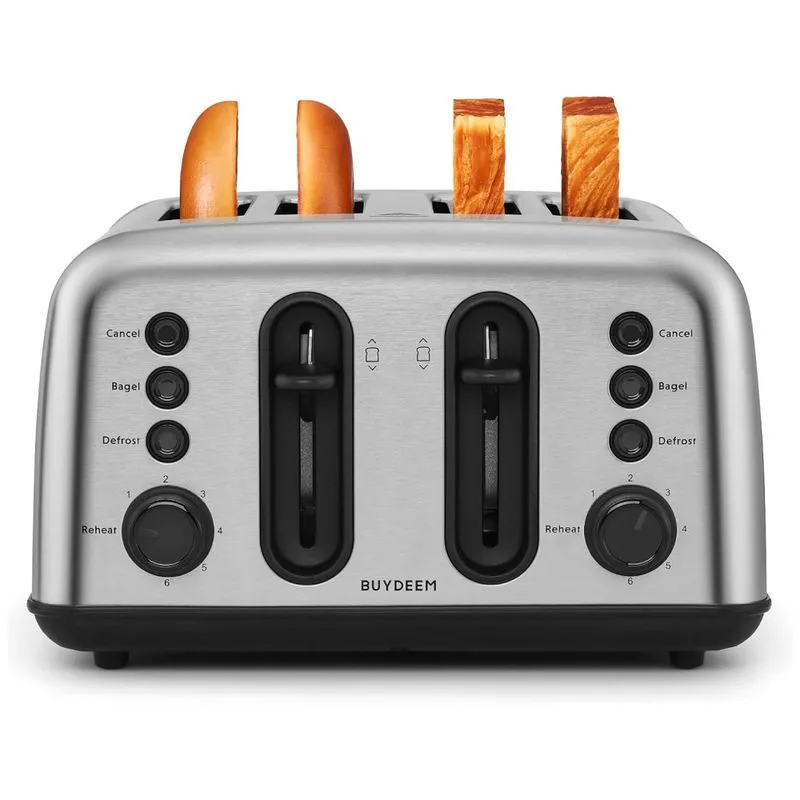 Torradeira Buydeem Dt440 4 Fatias Em Aço Inoxidável Com Slots Extra Largos Para Bagels E Muffins, Controle De Tostagem, Design Retro Prateado