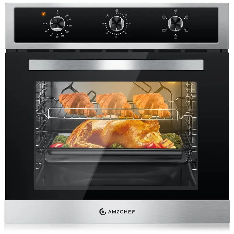 Forno De Parede Elétrico Amzchef 61cm, 75 Litros Com Assador Giratório De 360°, Controle De Temperatura Preciso E Design Em Aço Inoxidável