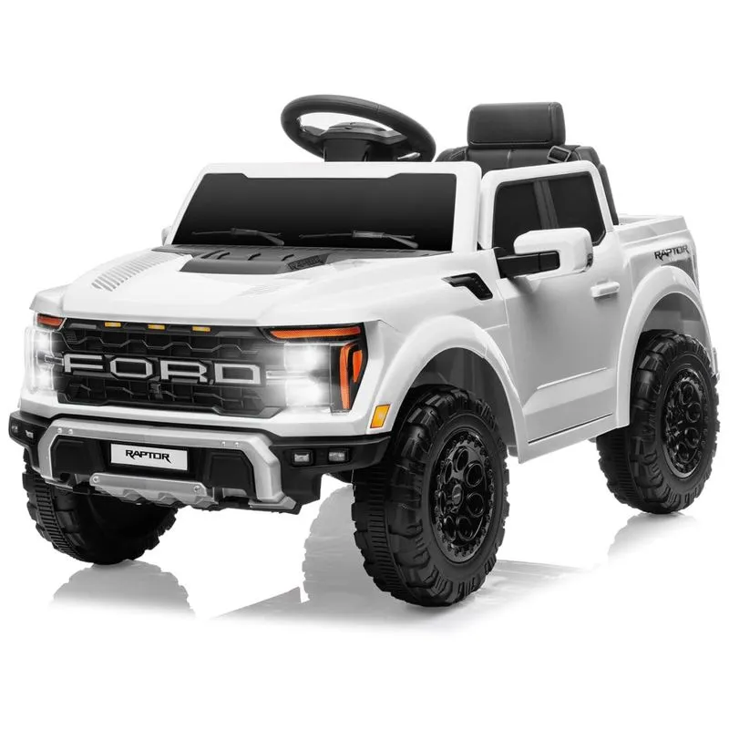 Mini Carro Elétrico Infantil Licenciado Ford F150 Raptor 12v, Controle Remoto, Faróis Led, Mp3, Caçamba E Cinto 3 Pontos - Branco