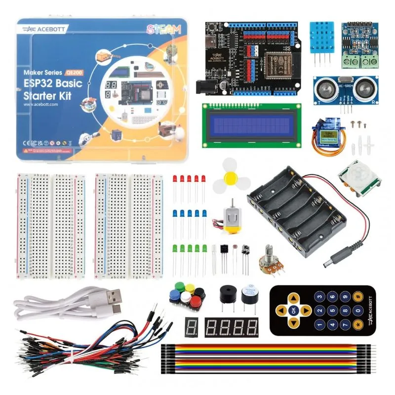 Kit inicial ACEBOTT QE200 ESP32 com 96 itens eletrônicos compatível Arduino e Scratch com placa ESP32 Max V1.0