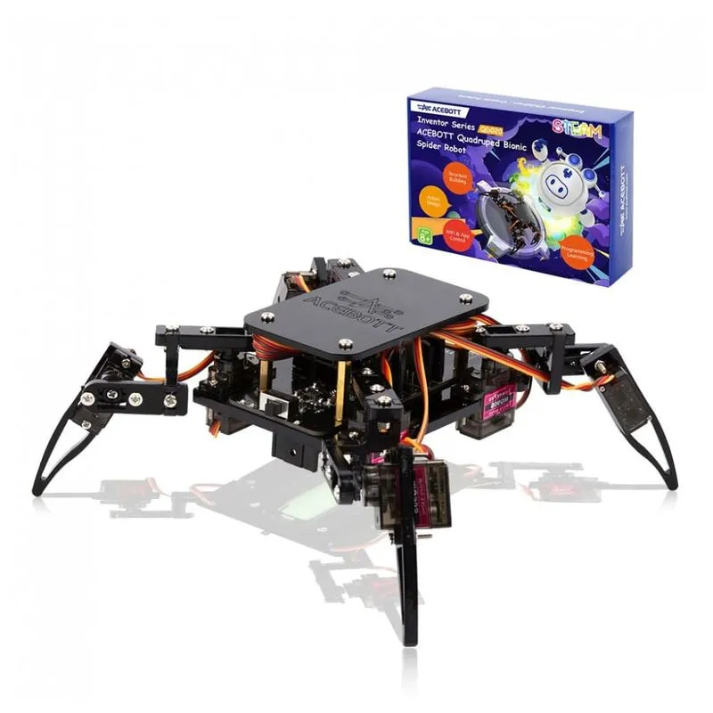 Kit robô aranha ACEBOTT QD020 com ESP8266 servos MG90 controle por app via USB-C para montagem e programação STEM
