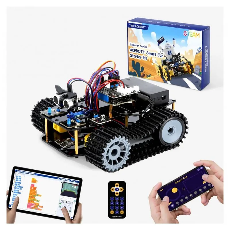 Kit robô tanque ACEBOTT QD034 ESP32 com esteiras em borracha controle por app e IR compatível Arduino e Scratch