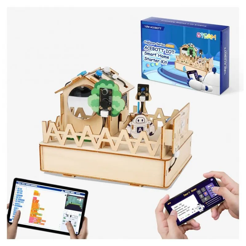 Kit STEM IoT Smart Home ACEBOTT para adolescentes com casa em madeira, sensores, controle por app e compatibilidade com Arduino e Scratch