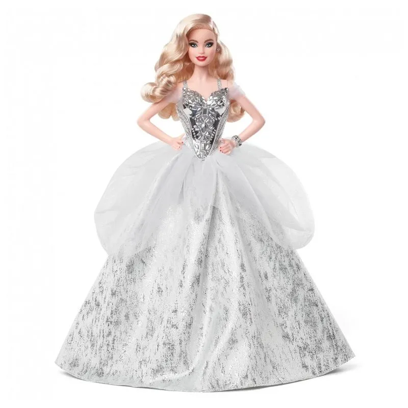 Boneca Barbie Signature Holiday 2021 loira com vestido prateado longo e base expositora