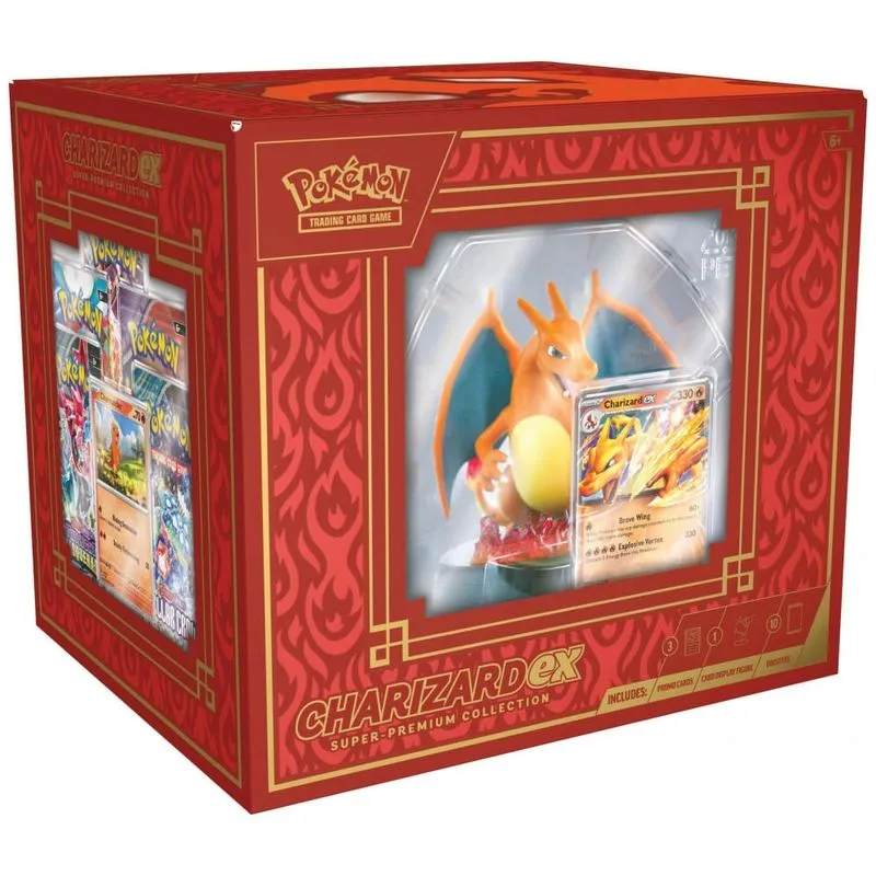 Coleção Pokémon TCG Charizard ex Super Premium com 10 boosters, cartas promocionais holográficas e miniatura expositora
