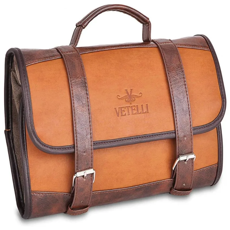 Vetelli Necessaire Masculina Vintage de Couro Sintético com Forro à Prova d'Água, Marrom