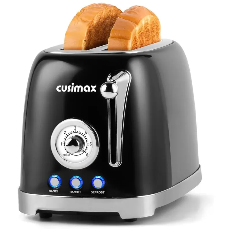 Torradeira Retro 2 Fatias Com Fendas Extra Largas, Bandeja De Migalhas Removível E 6 Níveis De Tostagem, 110v 825w, Cusimax, Preta