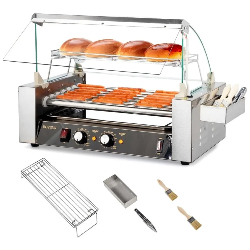 Máquina Para Cachorro Quente 7 Rolos Até 18 Salsichas Com Luz Led, Controle De Temperatura Duplo E Aquecedor De Pão, 110v 1050w, Rovsun, Prata