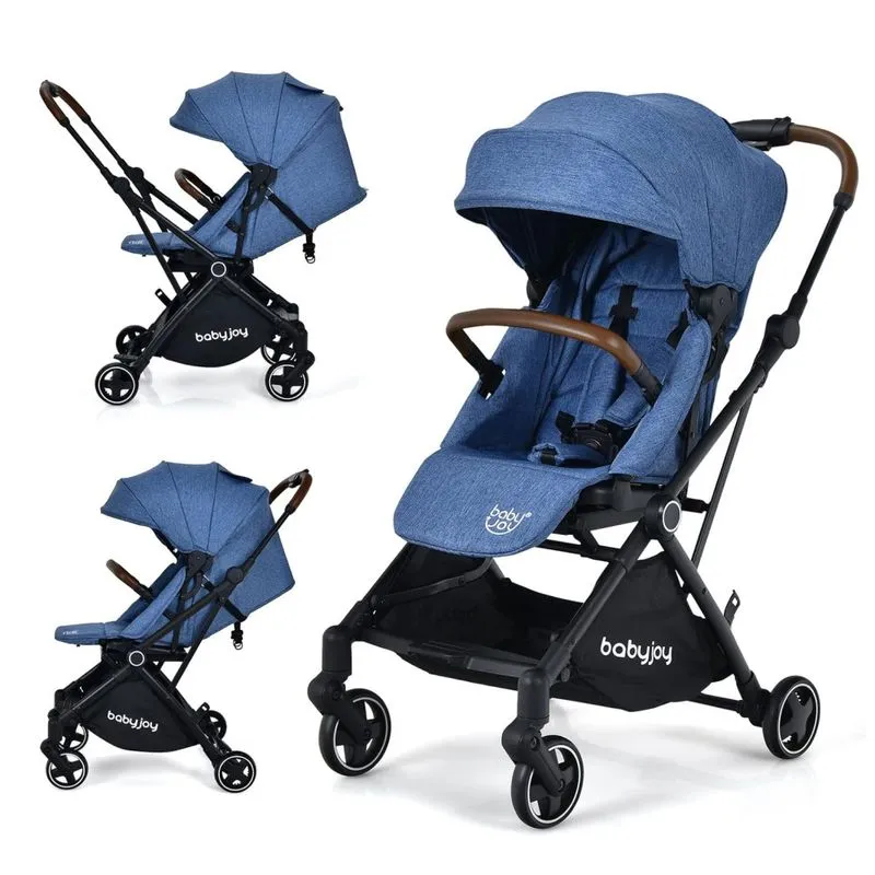 Carrinho De Bebê Dobrável Com Assento Reversível, Capota Ajustável E Arnês De Segurança De 5 Pontos, Baby Joy, Azul