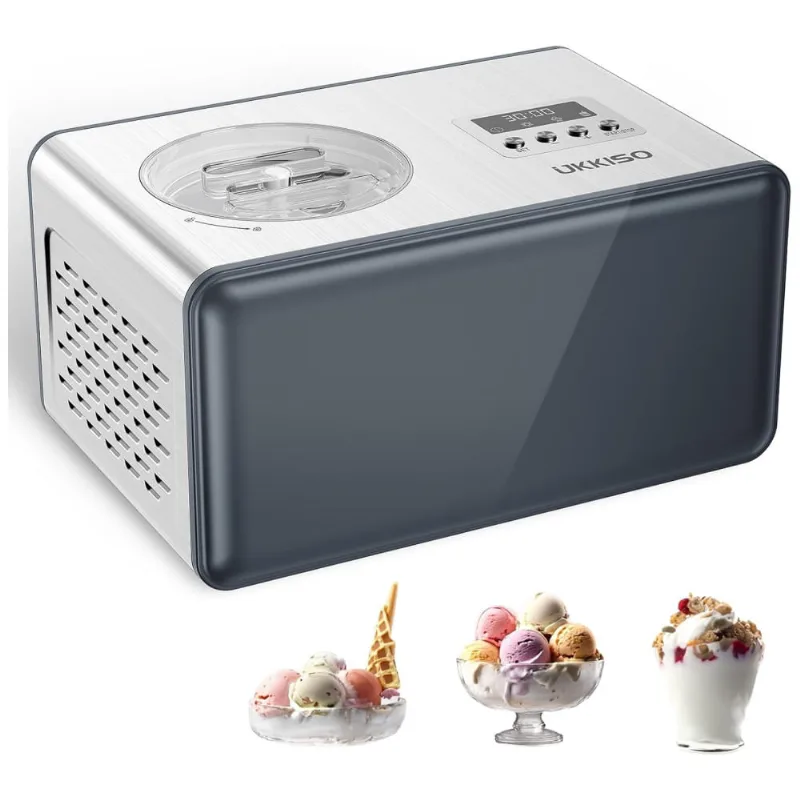 Máquina De Sorvete Automática 2l Com 4 Modos, Tigela De Aço Inoxidável E Compressor Integrado, 110v 165w, Ukkiso, Prata E Cinza