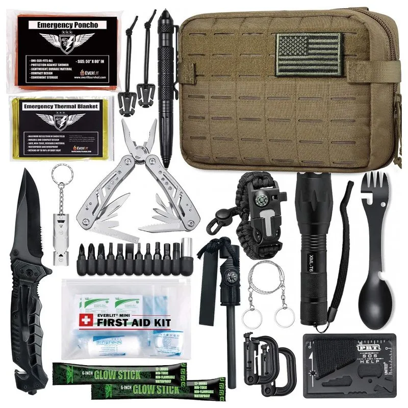 Everlit Advanced Emergency Survival Kit Gear Tool First Aid Kit Sos Emergency Tactical Flashlight Blanket Bracelets Compass With Molle Pouch For