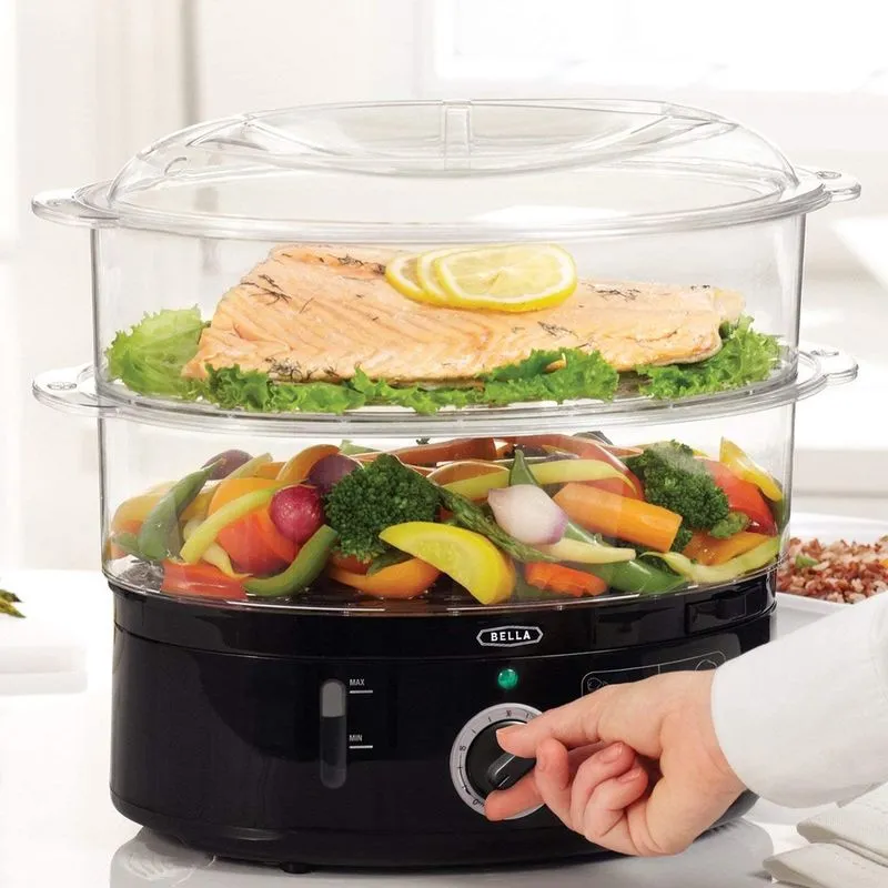 Vaporizador de Alimentos bella com Dois Níveis, Cozinha Simultânea Saudável, Rápida, Cestas Empilhadas para Legumes ou Carnes, Bandeja de Arroz/Grãos, Proteção Seca de Desligamento Automático, 7,4 qt,
