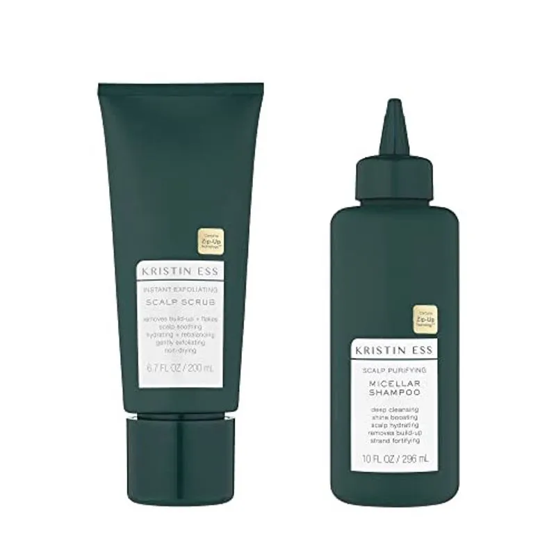 Kristin Ess Hair Scalp Care Bundle - Esfoliante Instantâneo do Couro Cabeludo para Acúmulo e Caspa, Shampoo Micelar Purificador do Couro Cabeludo para Limpeza Profunda, Vegano, Color Safe + Keratin Sa