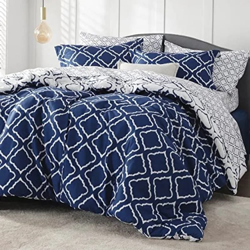 Bedsure Bed in A Bag - King Size Comforter Sets 8 Peças, Conjunto de Cama com 1 Edredom,2 Travesseiros Shams,2 Fronhas,1 Lençol Plano,1 Lençol Embutido,1 Saia de Cama, Azul Marinho