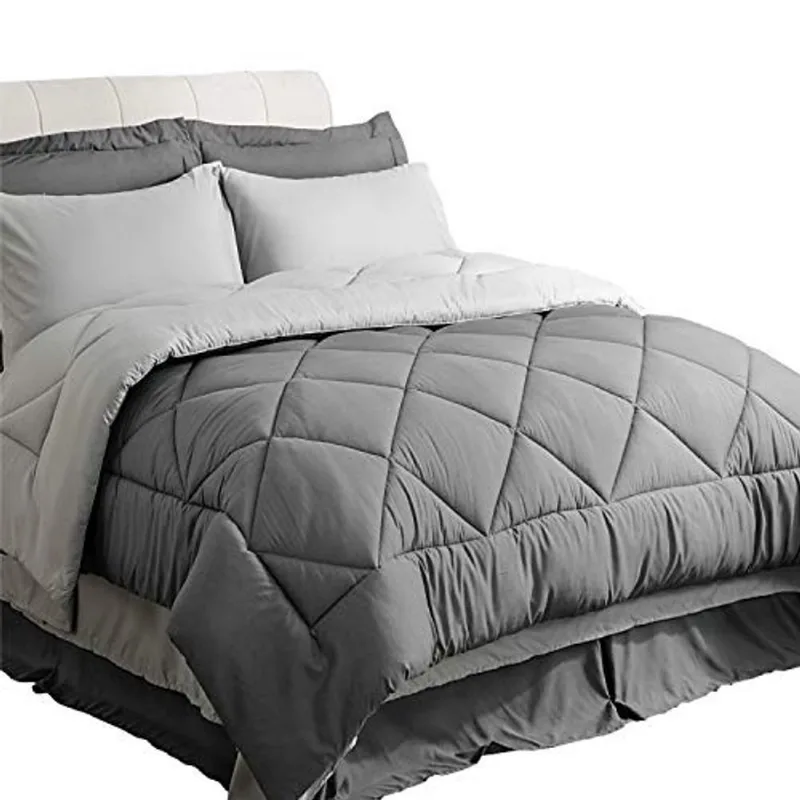 Conjunto de cama de solteiro Bedsure para crianças - Conjunto de edredom duplo reversível de 6 peças, cama de solteiro cinza em uma bolsa com edredom, lençóis, fronhas e fronhas