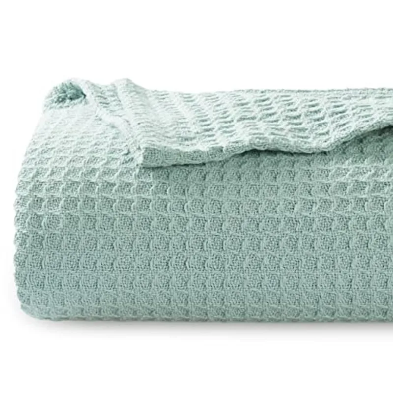 Bedsure 100% Algodão Cobertores Queen Size para Cama - 405GSM Waffle Weave Fall Throw Blankets for All Seasons, Mint Green Soft Lightweight Woven Blankets, 90x90 polegadas