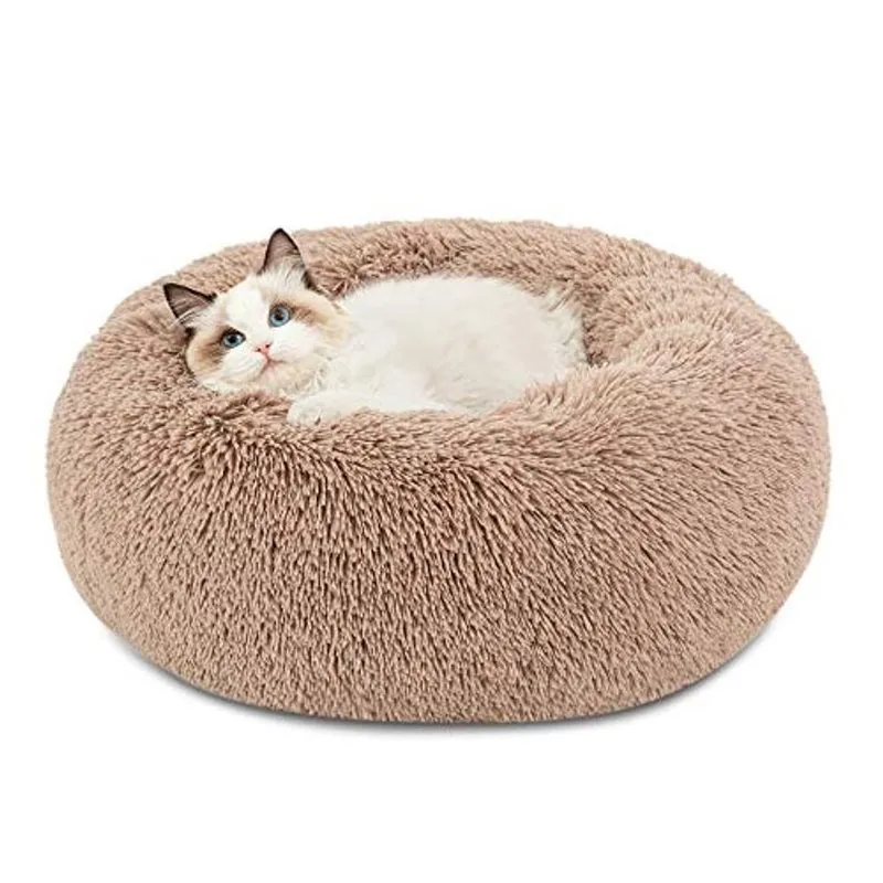 Bedsure Calming Cat Beds para gatos de interior - Cama de gato grande lavável 20 polegadas, Anti Ansiedade Redonda Fluffy Plush Faux Fur Pet Bed, Cabe até 15 lbs Pets, Camel