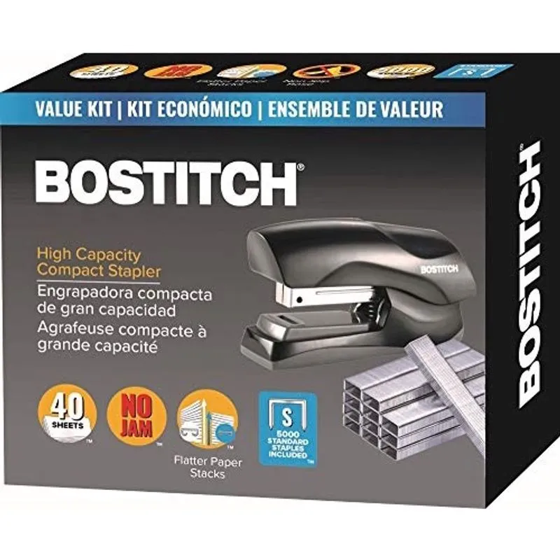 Bostitch Stapler com Staples Value Pack Set, Heavy Duty Stand Up Stapler, preto, capacidade de 40 folhas com 5000 grampos, tamanho pequeno do grampeador, cabe na palma da sua mão (B175-BLK -vp)