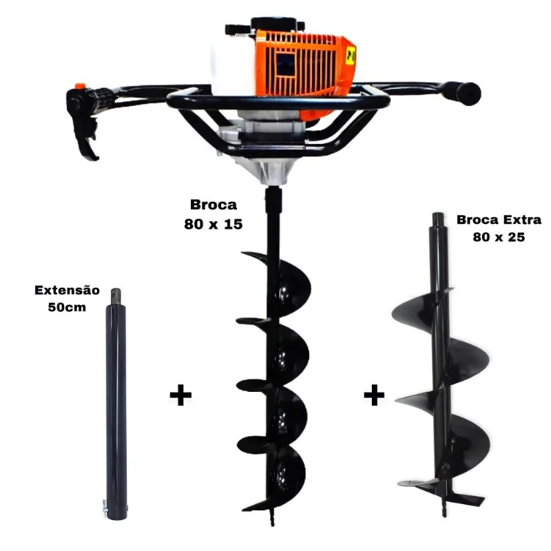 KIT Perfurador de Solo Vulcan VPS520-S 2T 52CC 2,5HP com Broca 80x15cm + Broca Extra 80x25cm + Extensão Extra 50cm com Pino Trava