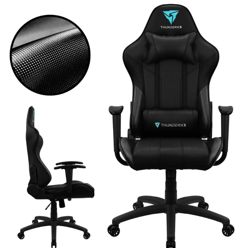 Cadeira Gamer Preta Para Jogos Com Rodinhas, Inclinação Regulável e Altura Ajustável Suporta 120kg ThunderX3 EC3