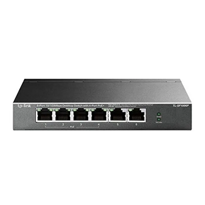 Switch PoE Fast Ethernet 10/100Mbps TP-Link de 6 portas 4 portas PoE + @67W Plug & Play Metal resistente com portas blindadas Proteção vitalícia limitada Modo estendido Modo prioritário (TL-SF1006P)