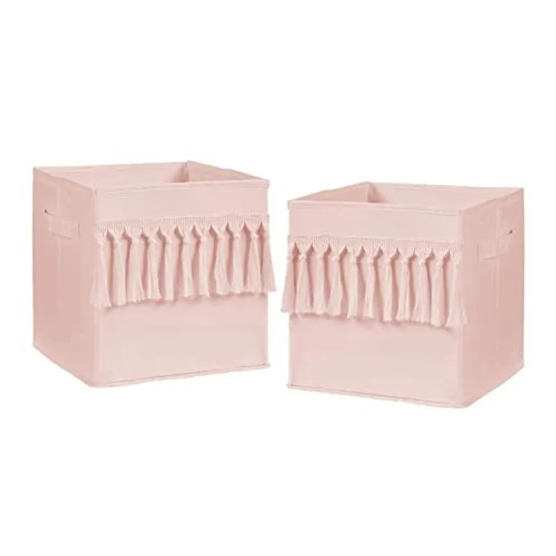 Sweet Jojo Designs Rosa Boho Boêmio Dobrável Tecido Armazenamento Cubo Caixas Caixas Organizador Brinquedos Crianças Bebês - Conjunto de 2 - Cor Sólida Blush Shabby Chic Luxo Vintage Designer Tassel F