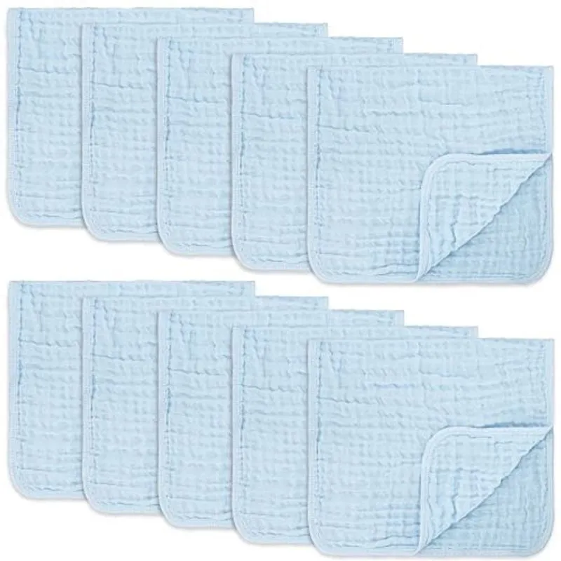 Panos de arroto de muslin 10 pacote grande 100% algodão toalhas de mão 6 camadas extra absorvente e macio por filhotes confortáveis (Azul Celeste, Pacote de 10)