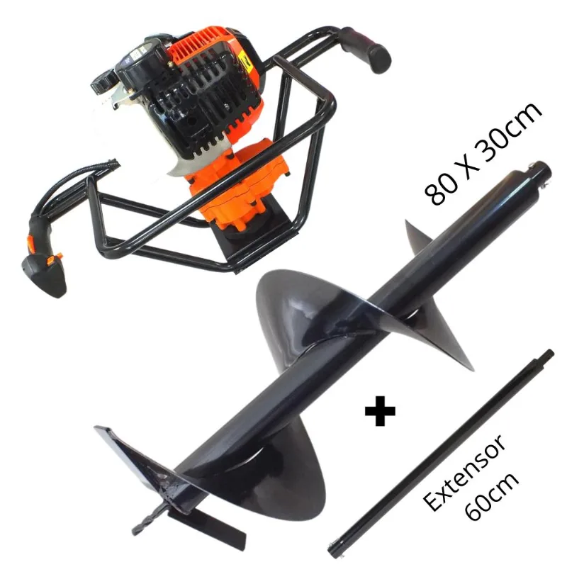 Perfurador De Solo Profissional Á Gasolina Vulcan Vps520 2t 52cc 2,5hp Broca 80x30cm Com Pino Trava + Extensor De 60cm Forte E De Alta Durabilidade