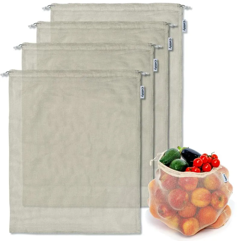 Sacos De Produtos Reutilizáveis Cottify Xl Organic Cotton Mesh, Pacote Com 4