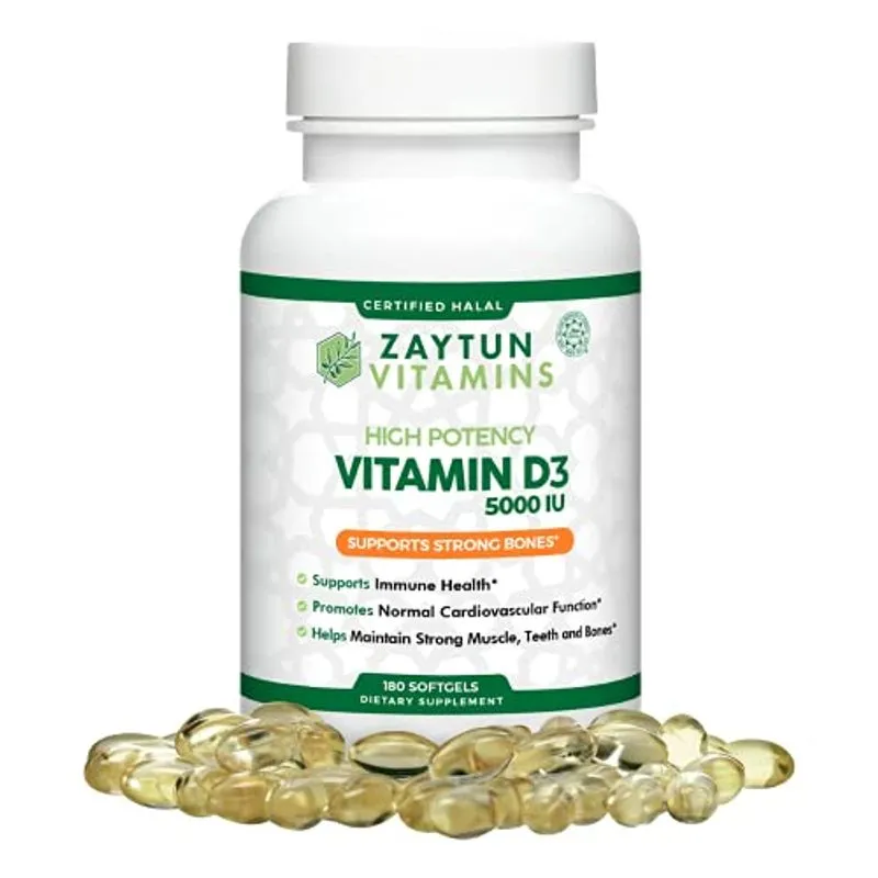 Zaytun Halal Vitamina D3 5000 Ui, 180 Mini Cápsulas Gelatinosas, Suppor