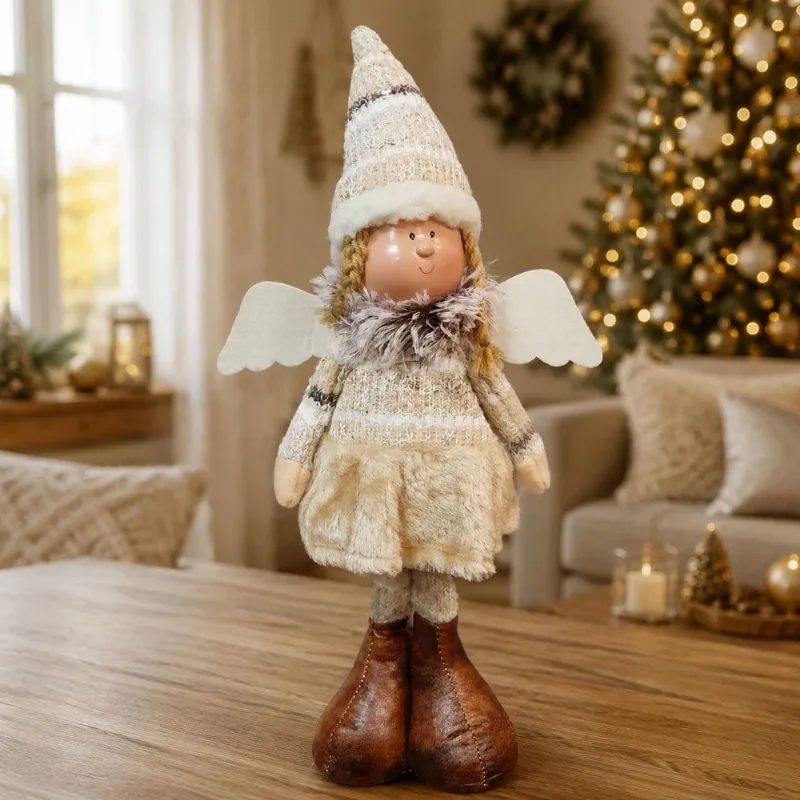 Boneco Anjo Natalino Tecido Decoração Enfeite De Natal 45cm Bege
