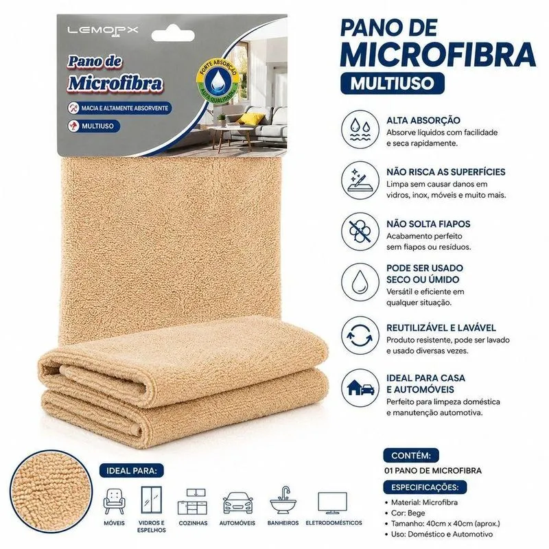Pano De Microfibra Multiuso Premium Alta Absorção Sem Riscos Reutilizável Para Uso Doméstico Bege