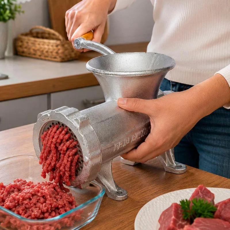 Moedor de Carne Manual N 32 Ferro Fundido Acionamento por Manivela para Alimentos Prata