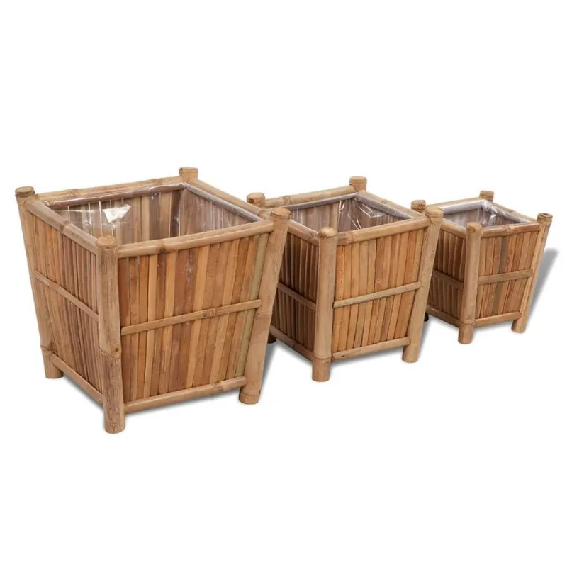 Conjunto De Plantadores Vidaxl Natural Bamboo Com Forro De Nylon, 3 Peças