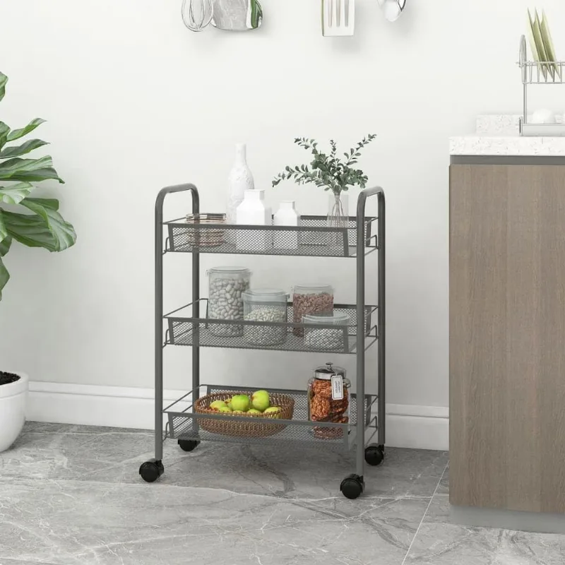 Carrito De Cocina Compacto Gris De 3 Niveles Vidaxl Con Cestas De Hierro