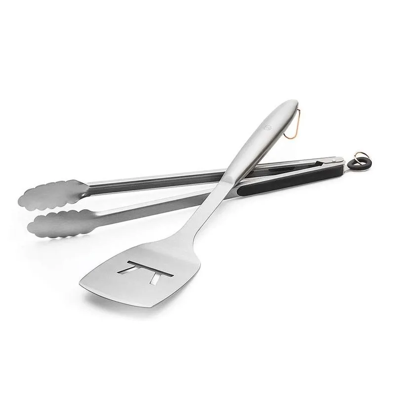CONJUNTO 2 PEÇAS ESPÁTULA E PINÇA DE CHURRASCO AÇO INOX LEVE E PRÁTICO PRANA