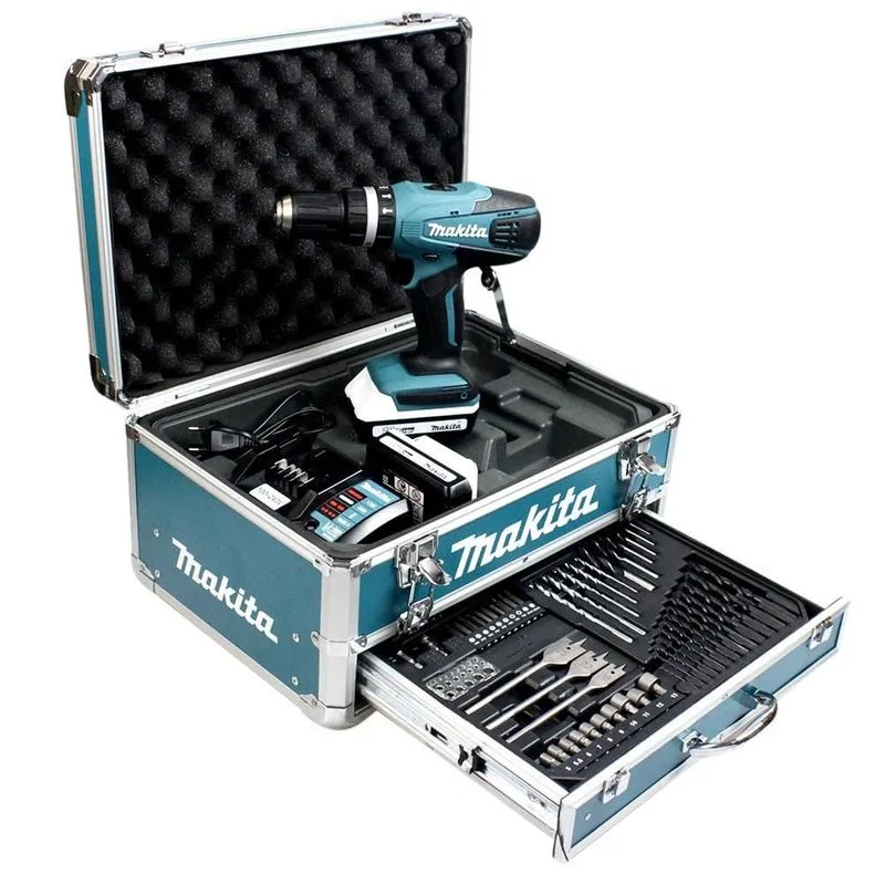 Parafusadeira-Furadeira de impacto 1/2" à bateria 18 volts com 2 baterias, 70 acessórios e maleta - HP457DWEX4 - Makita - 110V/220V