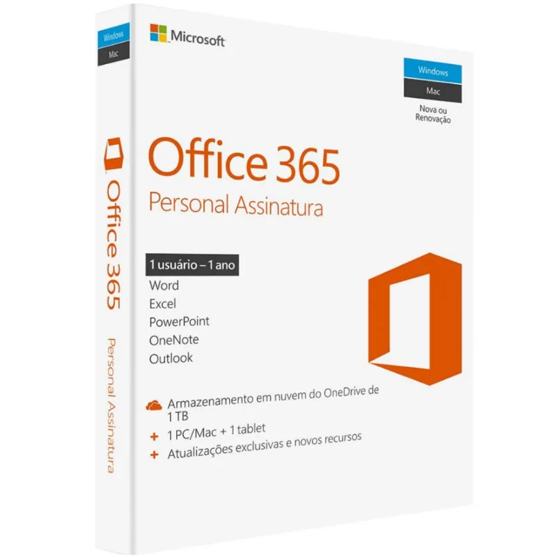 Suíte de Aplicativos de Escritório - Microsoft Office 365 Personal (1 PC + 1 tablet / 1 ano) - QQ2-00108