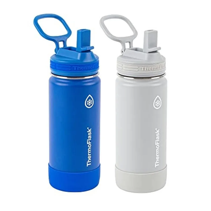 Garrafas de aço inoxidável ThermoFlask kids com tampa de palha, sem bpa, 16 Onças, 2 Conde (Blueberry/Wolf Grey)