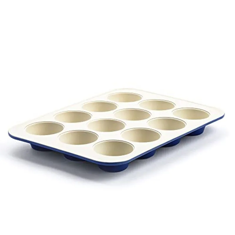 Greenlife Bakeware Healthy Cerâmica Nonstick, 12 Xícara Muffin E Panela De Cozimento Cupcake, Pfas-free, Azul