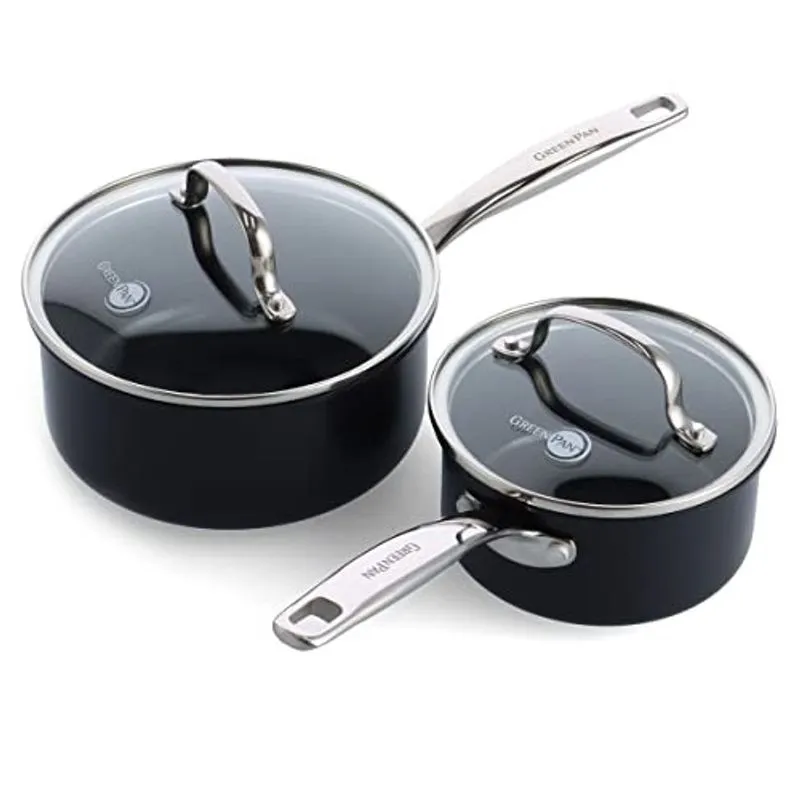 GreenPan Prime Midnight Hard Anodizado Cerâmica Antiaderente Saudável, Conjunto de Panela de Panela de 1QT e 2QT com Tampas, Sem pfas, Pode Lavar Louça, Seguro para Forno, Preto