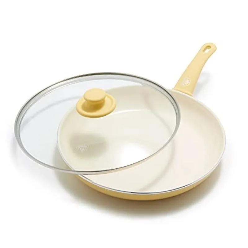GreenLife Soft Grip Healthy Ceramic Nonstick, 12 Fritura Pan Frigideira Frigideira Com Tampa, Sem pfas, Cofre de Lava-Louça, Amarelo