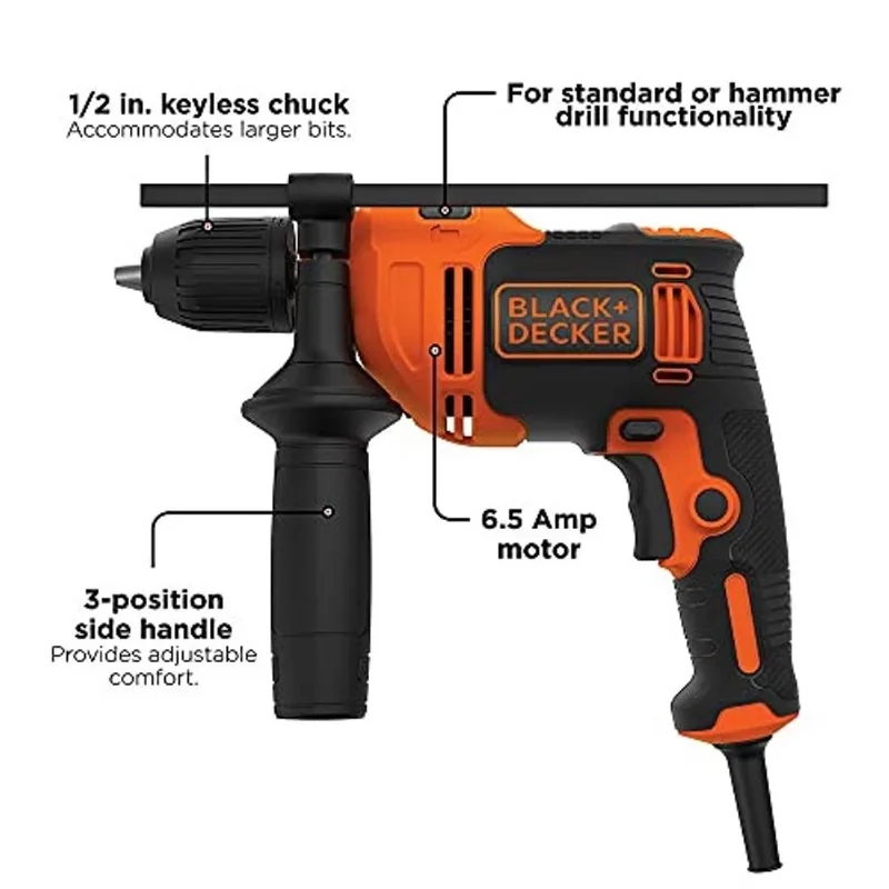 Broca de martelo black + decker, 6,5 amp, 1/2 polegada (BEHD201)