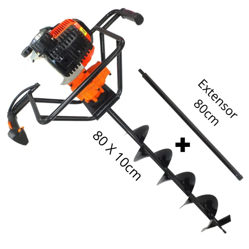 Perfurador De Solo Profissional Para Silvicultura Vulcan Vps520 Á Gasolina 2t 52cc 2,5hp Potente E Econômico Com Broca 80x10cm + Extensor De 80cm