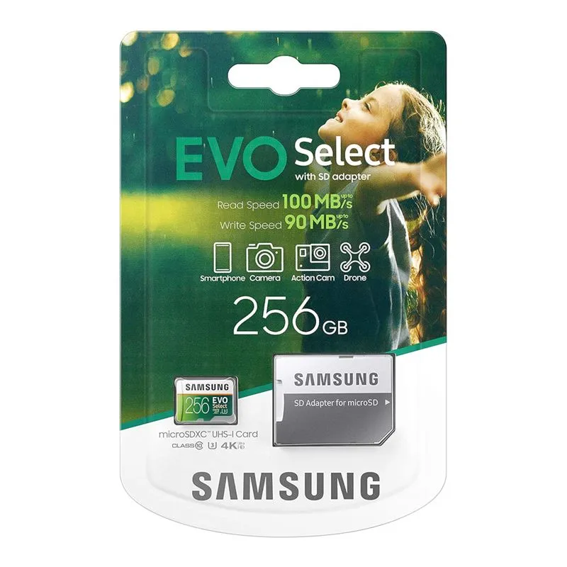 Cartão de memória microSDXC 256GB Samsung EVO Select (Classe 10, UHS-I, c/ Adaptador, 100/90MBs R/W) - MB-ME256HA