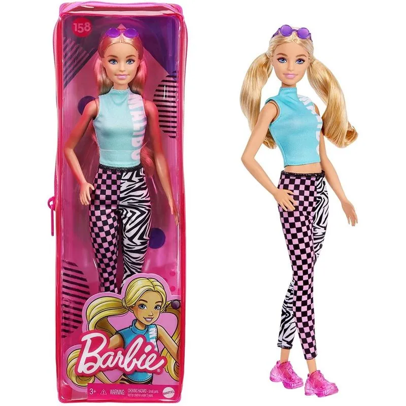 Boneca Barbie Fashionistas 158, Loiro Longo, Esporte Azul-petróleo, Leggings Estampadas, Tênis Rosa, Óculos Sol, 3-8 Anos.