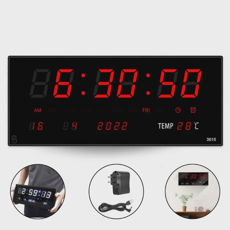 Super Relógio Parede Led Digital Grande 36cm Termômetro Data L2 Cor Da Estrutura Preto Cor Do Fundo Preto