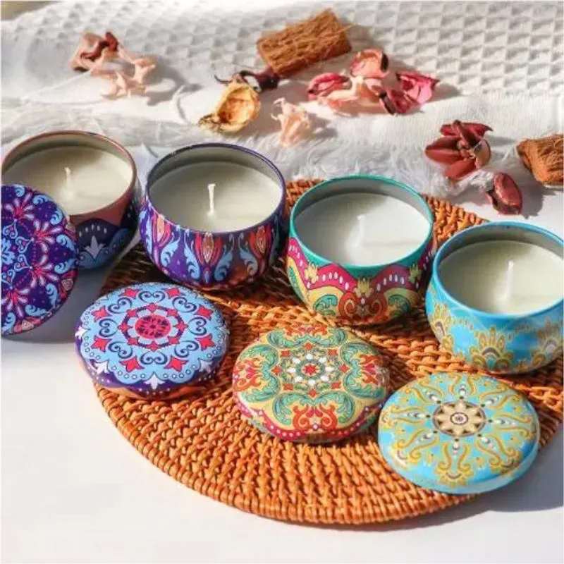 Kit 5 Super Velas Aromatizada Perfumada Aromas Lata Decorativa Mandalas Orientais Cera Coco 125g