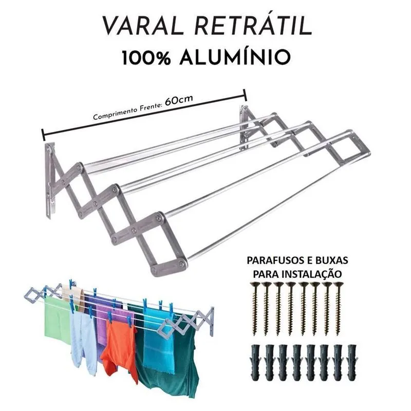 Varal Sanfonado Parede Alumínio 60cm Retrátil Apartamento